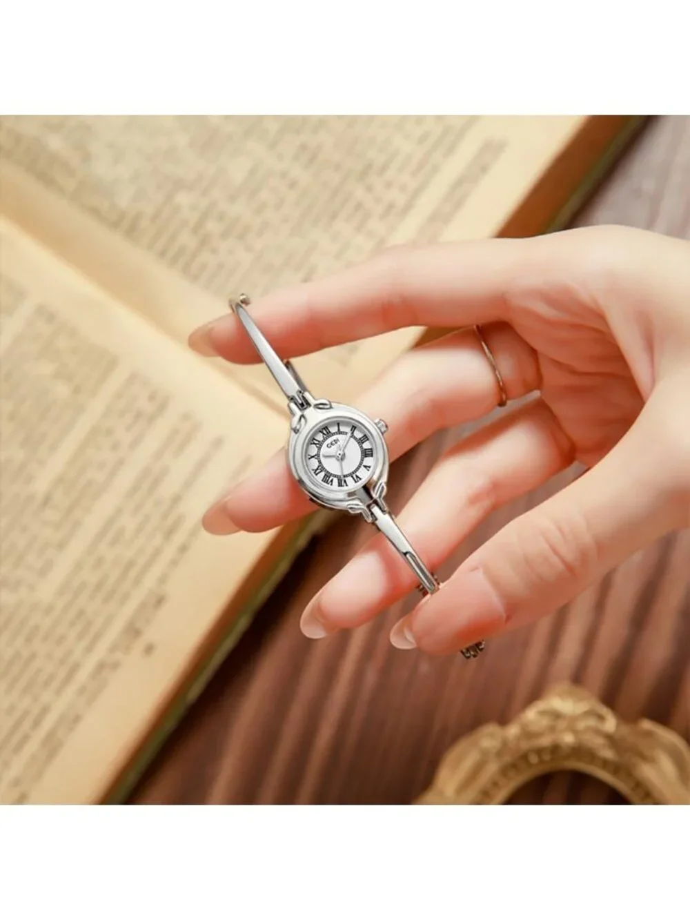 Women's Silver White Small Dial Bangle Thin Strap Classic Vintage Style Watches